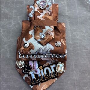 Brown Silk-Blend Embellished Scarf Tie